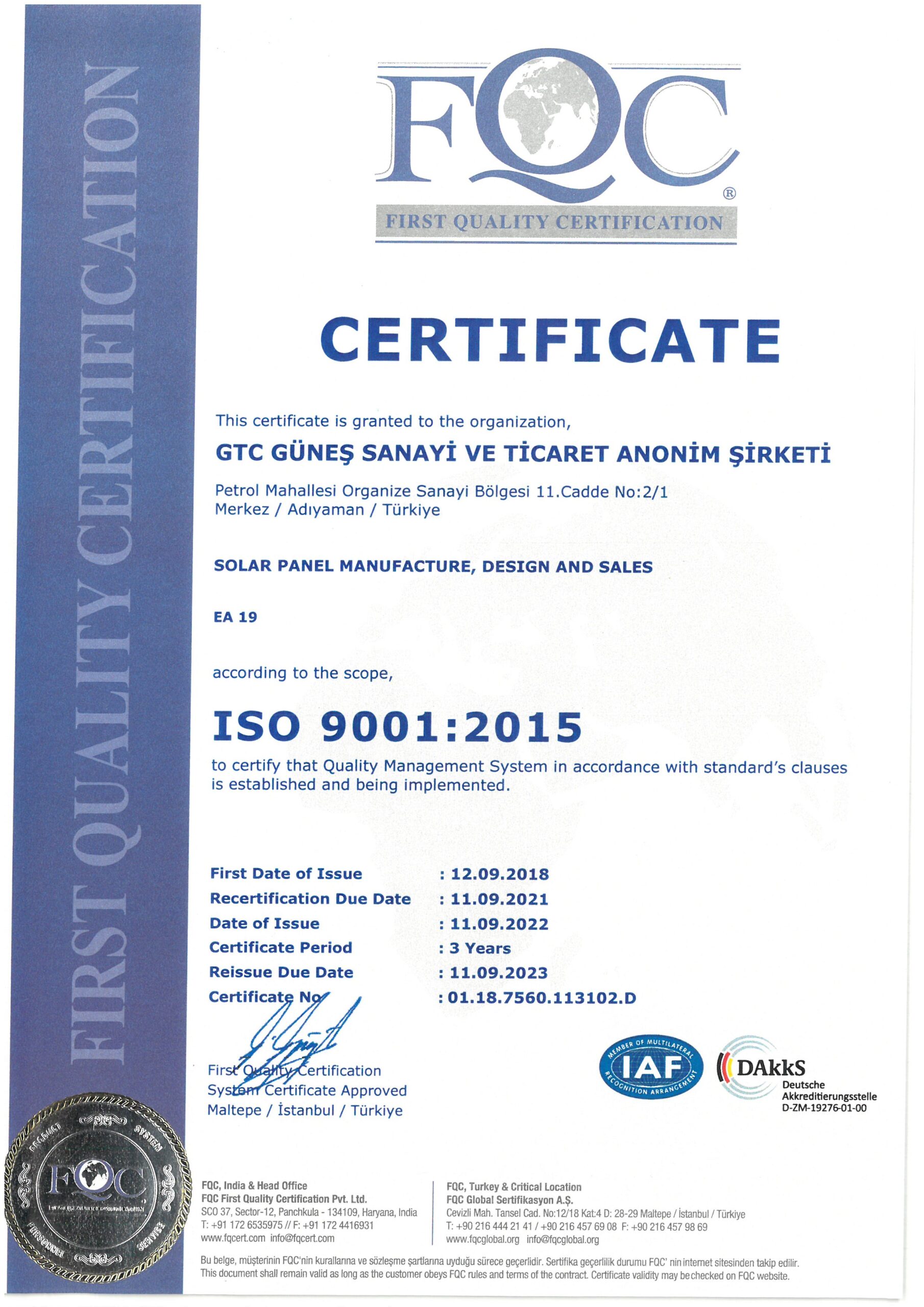 ISO 9001 Quality Management System Certificate
